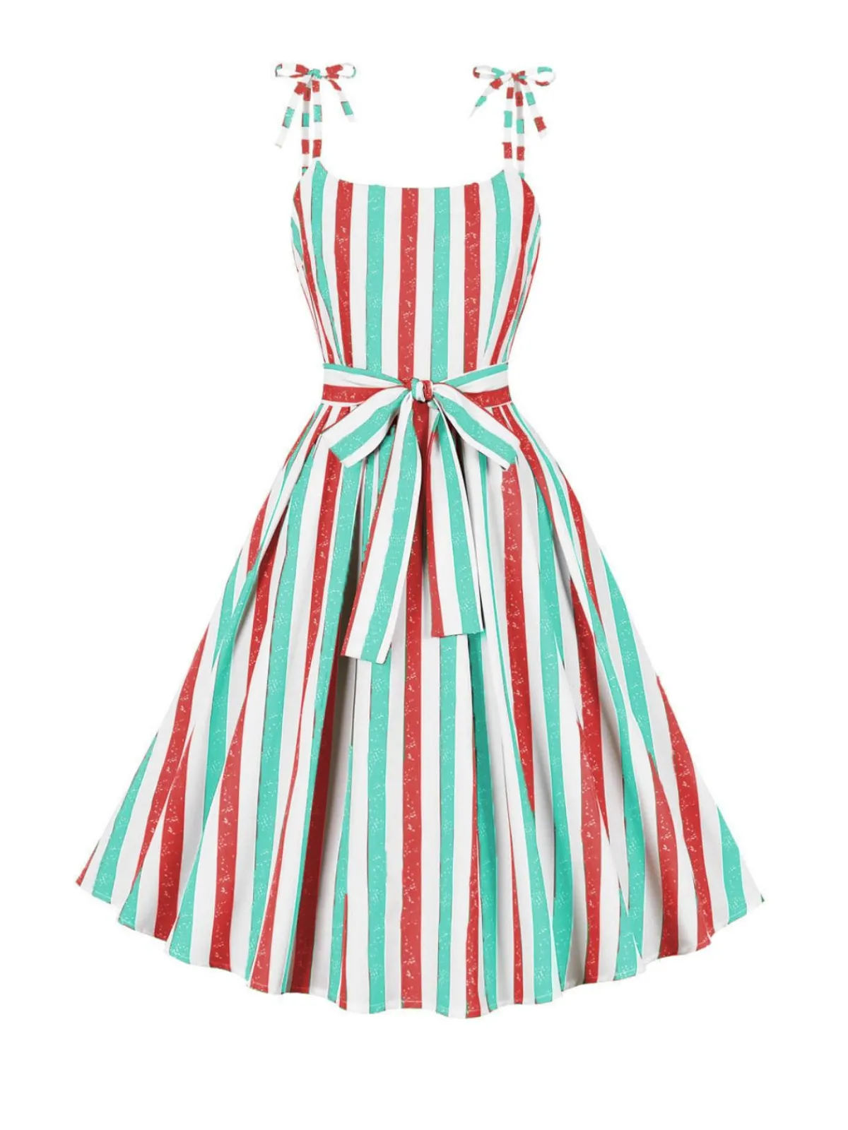Best Retro Stage Pink 1950s Shoulder Tie Belted Stripes Dress