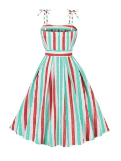 Best Retro Stage Pink 1950s Shoulder Tie Belted Stripes Dress