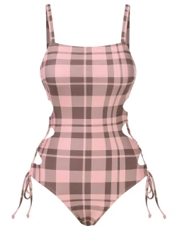 Discount Retro Stage 1950s Side Hollow Lace-Up Plaid Swimsuit Pink