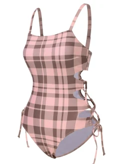 Discount Retro Stage 1950s Side Hollow Lace-Up Plaid Swimsuit Pink