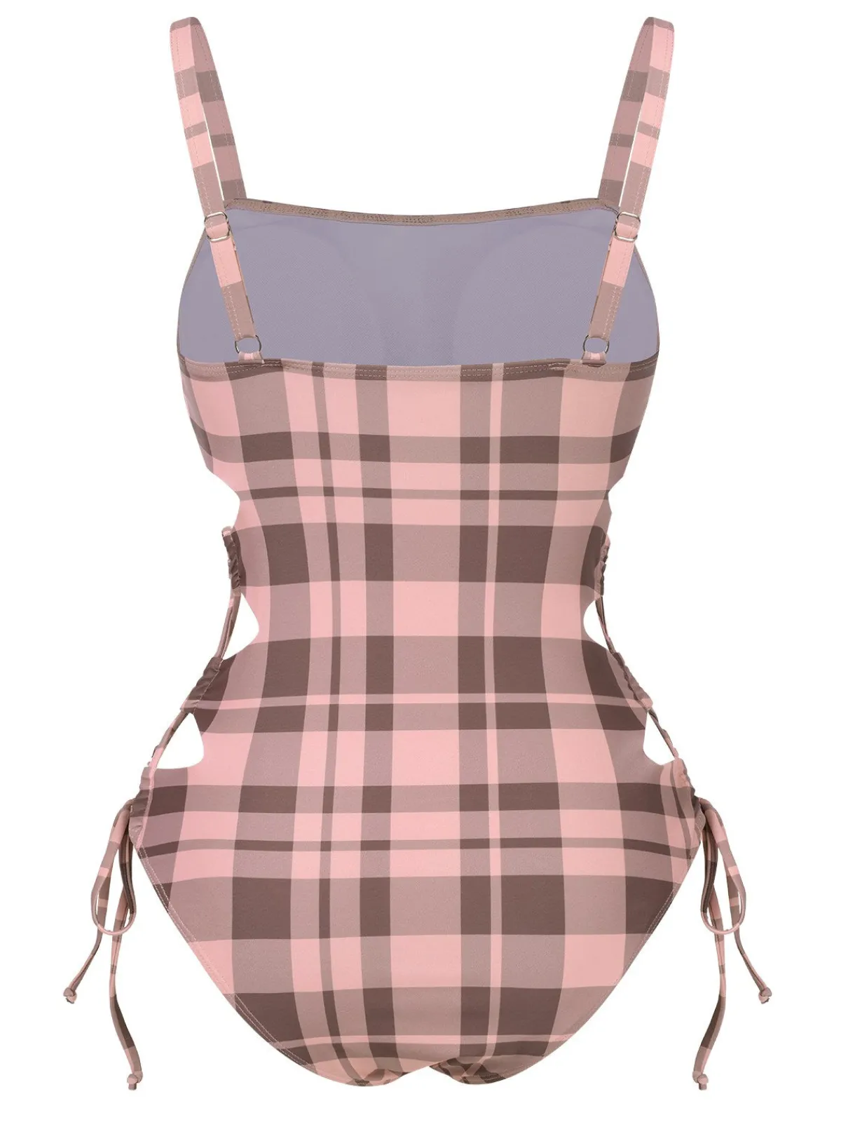 Discount Retro Stage 1950s Side Hollow Lace-Up Plaid Swimsuit Pink