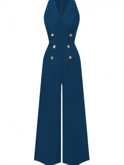 Outlet Retro Stage Pink 1950s Sleeveless Buttoned Solid Jumpsuit