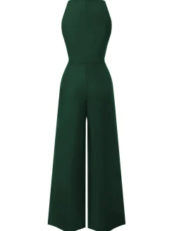 Outlet Retro Stage Pink 1950s Sleeveless Buttoned Solid Jumpsuit