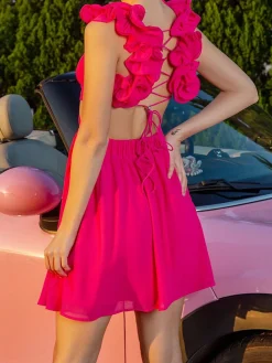 Discount Retro Stage Pink 1960s Solid Back Bind Ruffle Dress Peach Pink