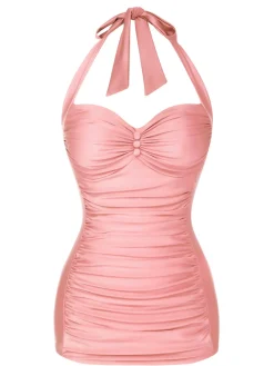 Hot Retro Stage Pink 1950s Solid Gathered Halter Swimsuit