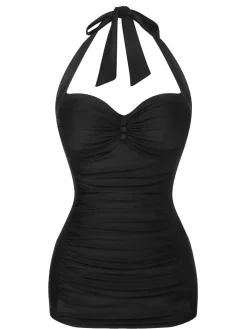 Hot Retro Stage Pink 1950s Solid Gathered Halter Swimsuit