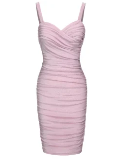 Online Retro Stage Pink 1960s Solid Glitter Pleated Strap Dress Pale Pink