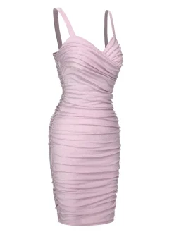 Online Retro Stage Pink 1960s Solid Glitter Pleated Strap Dress Pale Pink