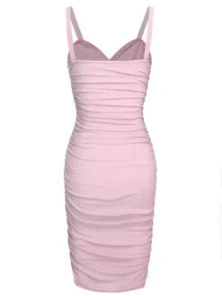 Online Retro Stage Pink 1960s Solid Glitter Pleated Strap Dress Pale Pink