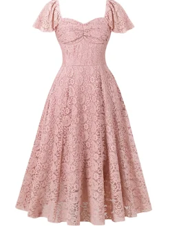 Discount Retro Stage 1950s Solid Lace Heart Collar Dress Pink