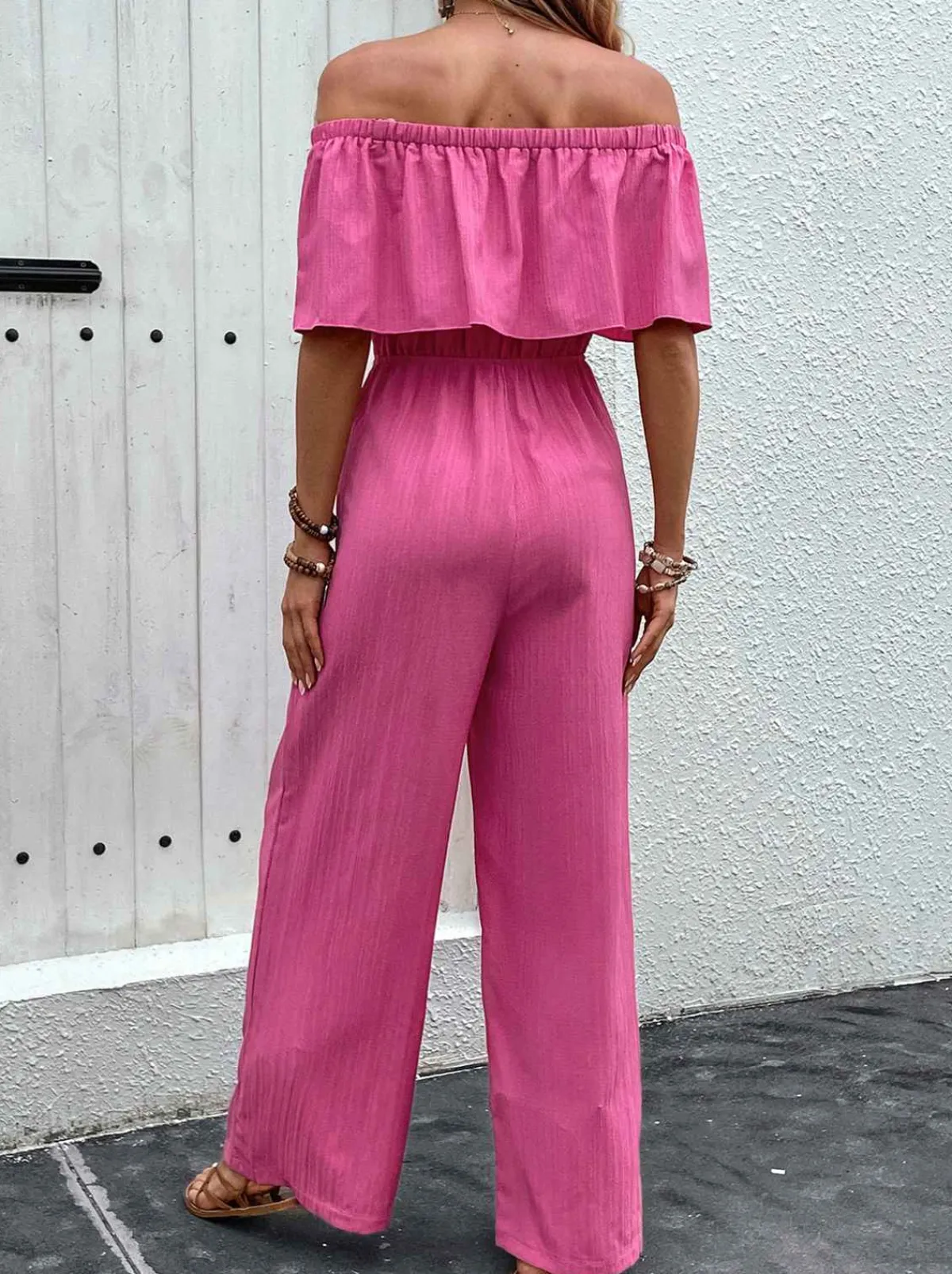 Fashion Retro Stage 1960s Solid Off-Shoulder Wideleg Jumpsuit Pink