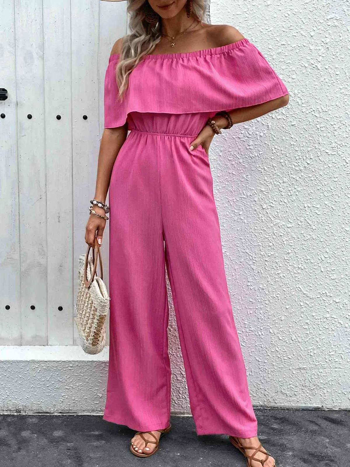 Fashion Retro Stage 1960s Solid Off-Shoulder Wideleg Jumpsuit Pink