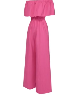 Fashion Retro Stage 1960s Solid Off-Shoulder Wideleg Jumpsuit Pink