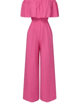 Fashion Retro Stage 1960s Solid Off-Shoulder Wideleg Jumpsuit Pink