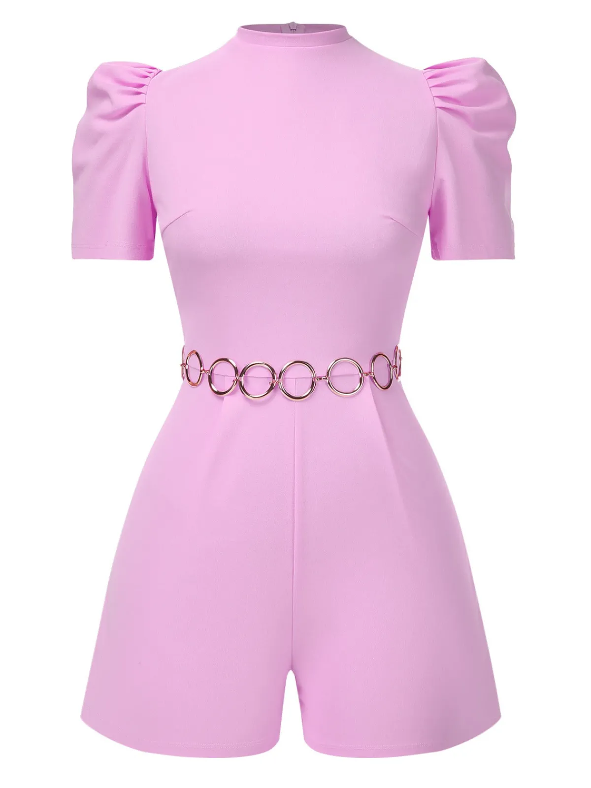Discount Retro Stage 1950s Solid Puff Chain Belt Romper Pink