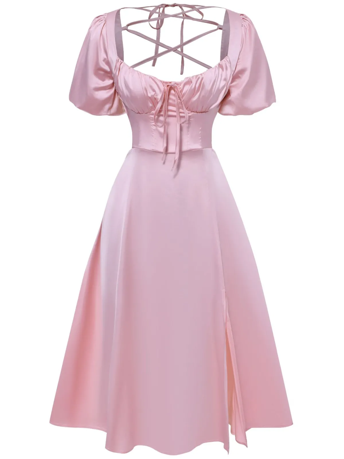 New Retro Stage 1940s Solid Puff Sleeve Tie Back Dress Pink
