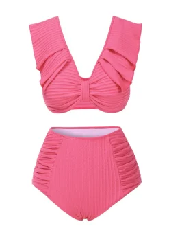 Hot Retro Stage 1940s Solid Ruffles Bow Ruched Bikini Set Pink