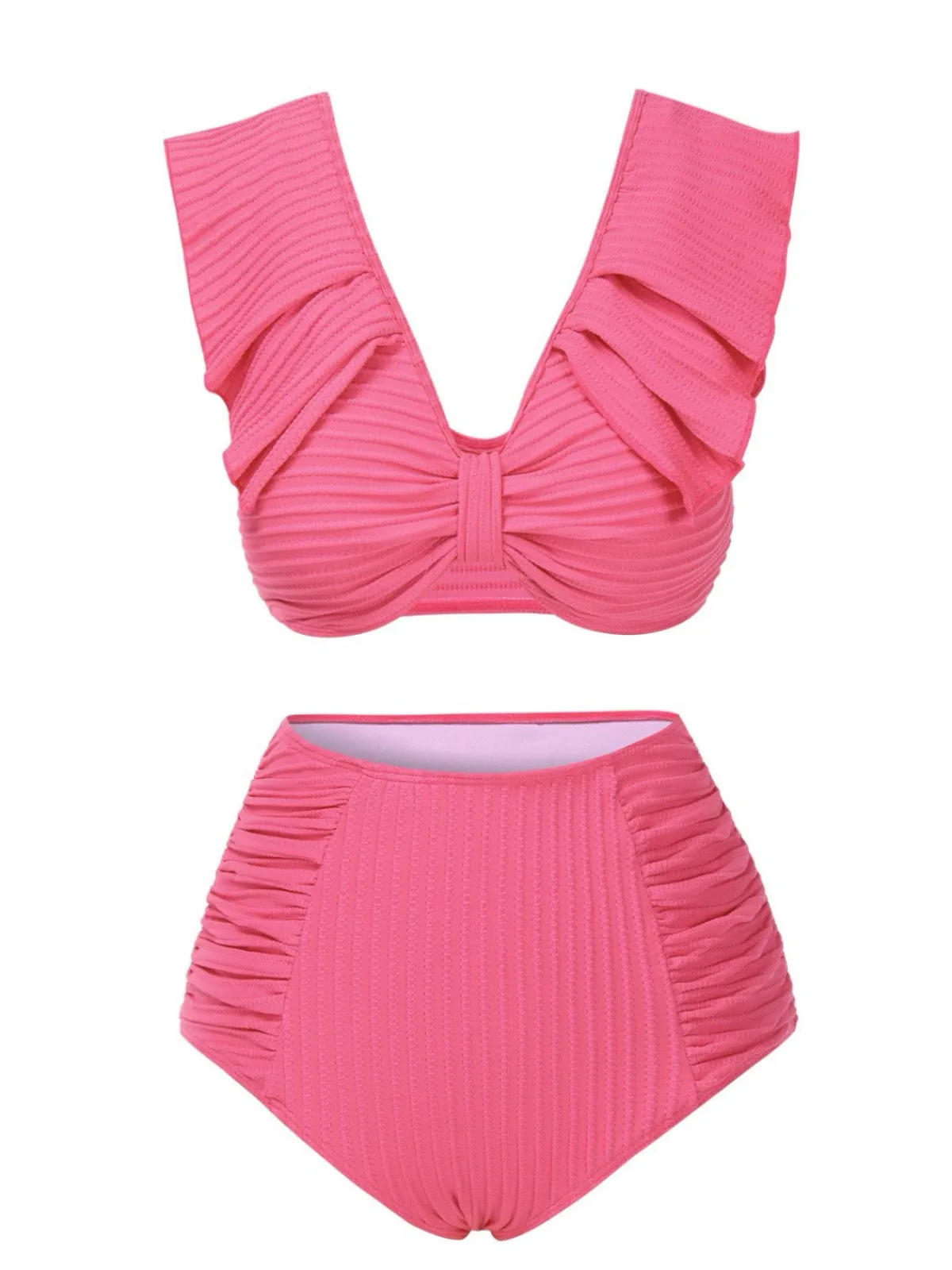 Hot Retro Stage 1940s Solid Ruffles Bow Ruched Bikini Set Pink