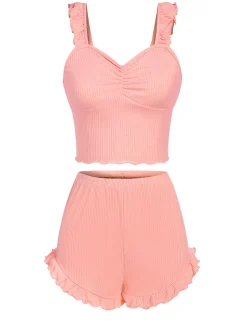 Sale Retro Stage 1930s Solid Ruffles Straps Pajamas Pink