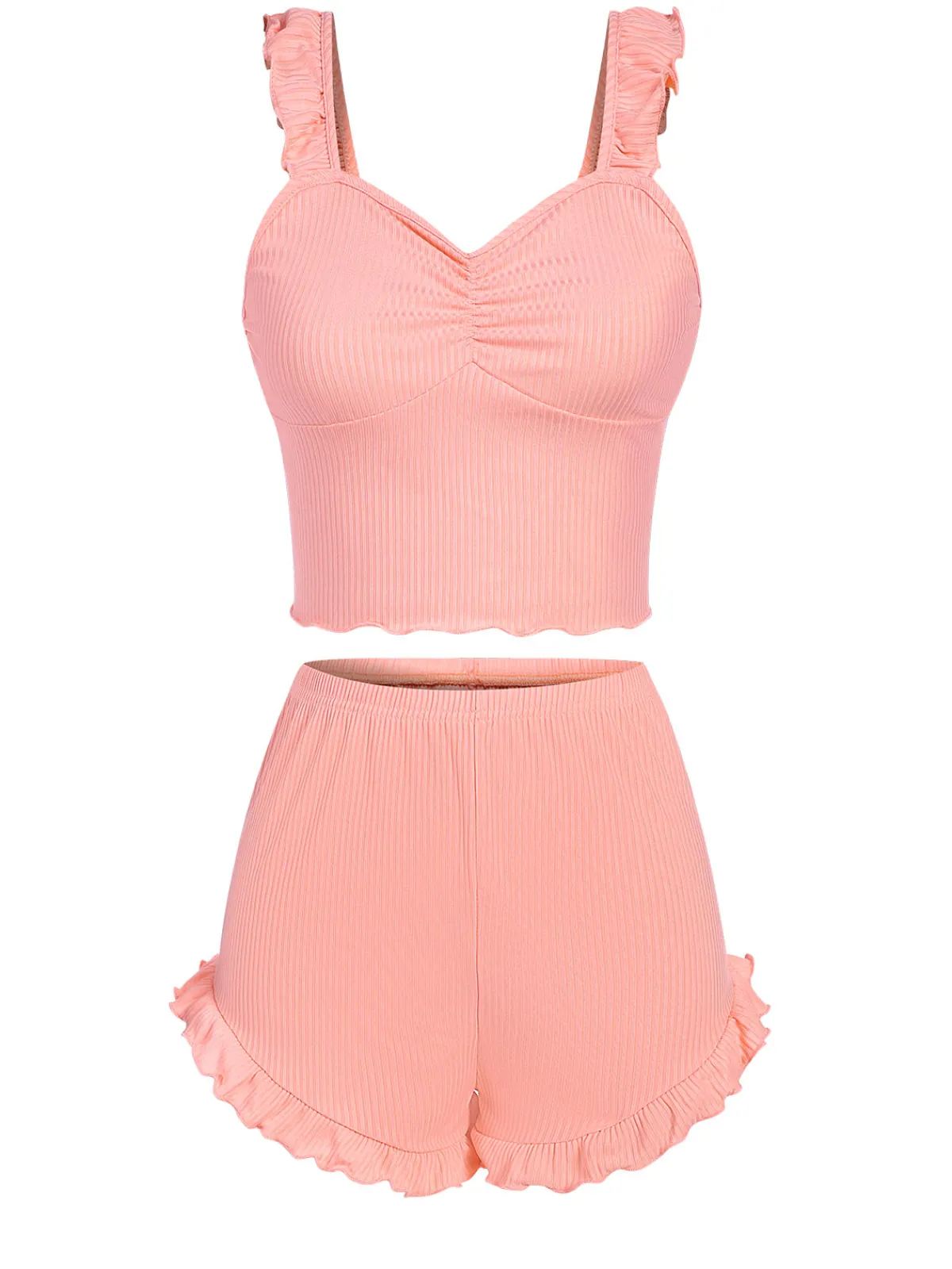 Sale Retro Stage 1930s Solid Ruffles Straps Pajamas Pink