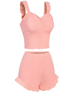 Sale Retro Stage 1930s Solid Ruffles Straps Pajamas Pink