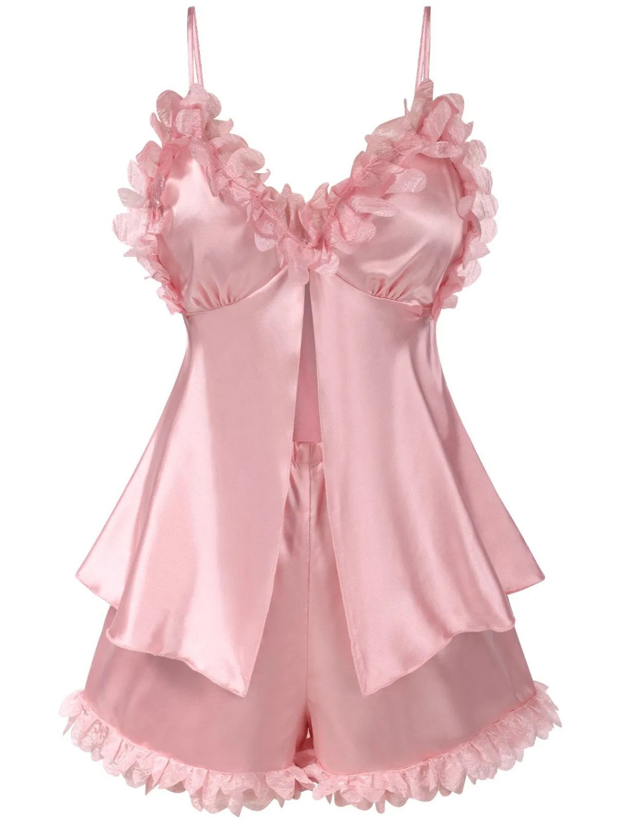 Best Retro Stage 1950s Solid Satin V-Neck 3D Floral Pajama Set Pink