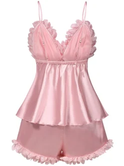 Best Retro Stage 1950s Solid Satin V-Neck 3D Floral Pajama Set Pink