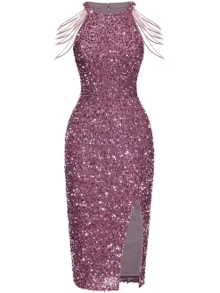 Fashion Retro Stage 1960s Solid Sequined Beaded Sleeves Dress Pink