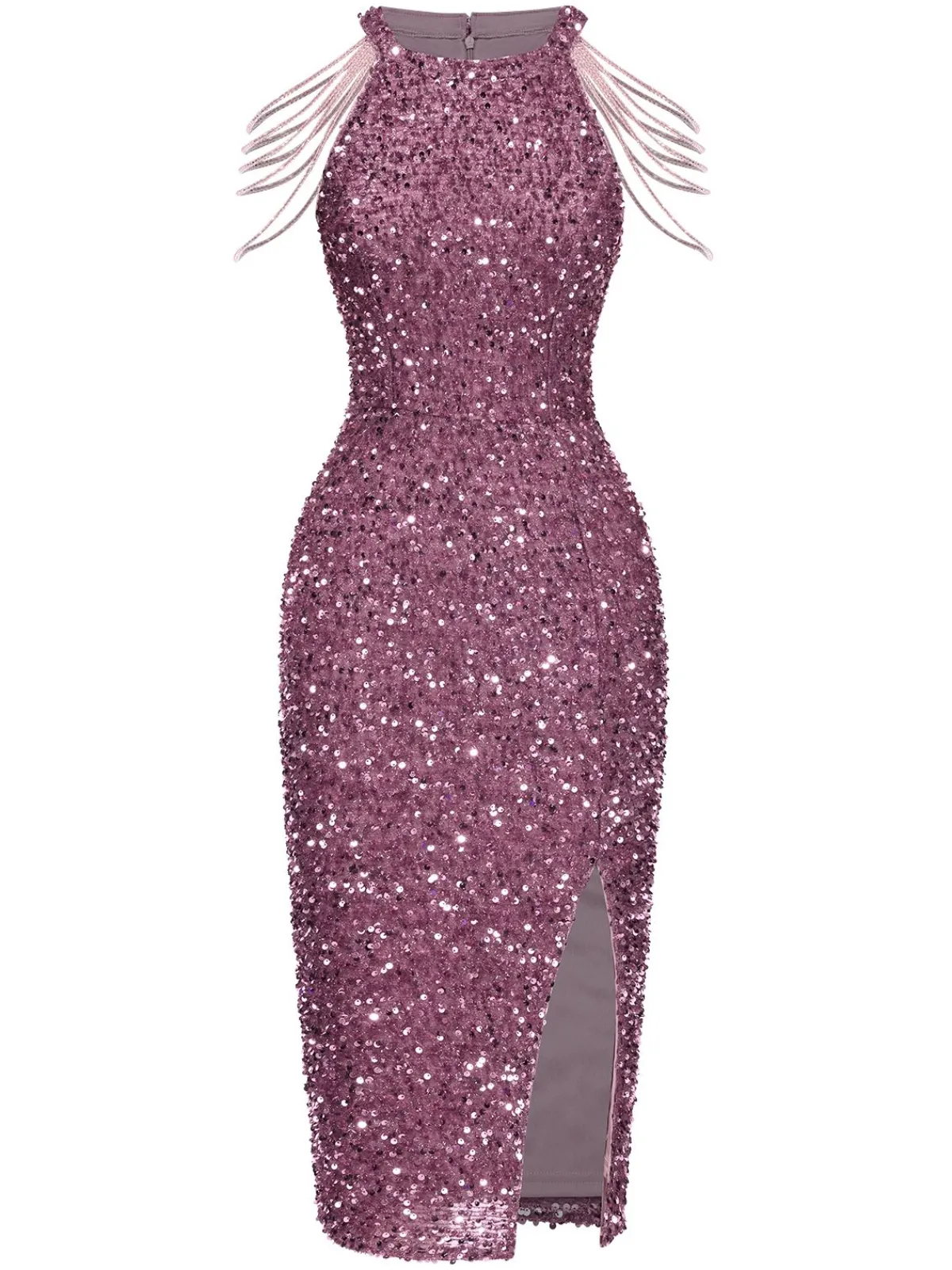 Fashion Retro Stage 1960s Solid Sequined Beaded Sleeves Dress Pink