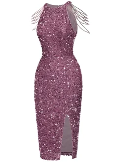 Fashion Retro Stage 1960s Solid Sequined Beaded Sleeves Dress Pink