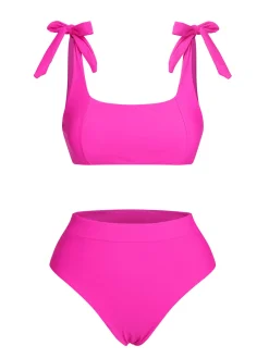 Online Retro Stage 1950s Solid Shoulder Tie BIkini Set Pink