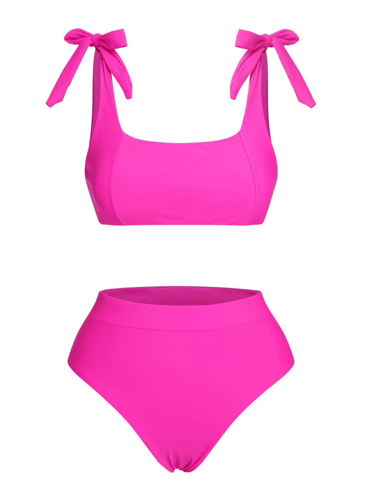 Online Retro Stage 1950s Solid Shoulder Tie BIkini Set Pink