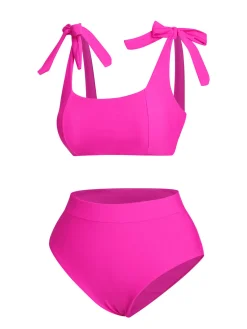 Online Retro Stage 1950s Solid Shoulder Tie BIkini Set Pink