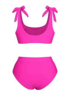 Online Retro Stage 1950s Solid Shoulder Tie BIkini Set Pink
