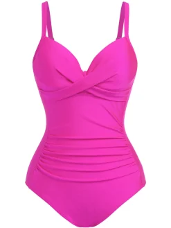 Fashion Retro Stage 1960s Solid Spaghetti Strap Swimsuit Pink