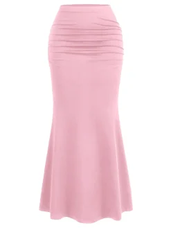 Fashion Retro Stage Pink 1930s Solid Wrinkles Fishtail Skirt Pale Pink