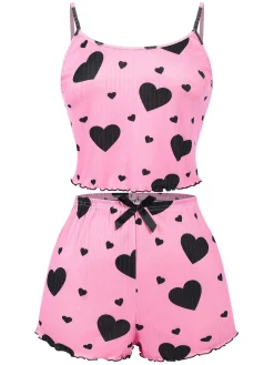 Clearance Retro Stage 1950s Spaghetti Strap Bow Heart Pajama Pink
