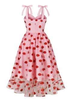 Hot Retro Stage 1950s Spaghetti Strap Bow Strawberry Dress Pink