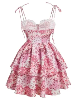 Fashion Retro Stage 1980s Spaghetti Strap Ditsy Floral Tiered Dress Pink