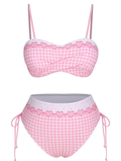 Fashion Retro Stage 1950s Spaghetti Strap Heart Plaids Swimsuit Pink