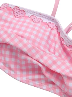 Fashion Retro Stage 1950s Spaghetti Strap Heart Plaids Swimsuit Pink