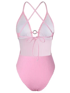 Outlet Retro Stage 1950s Spaghetti Strap High-Leg Solid Swimsuit Pink