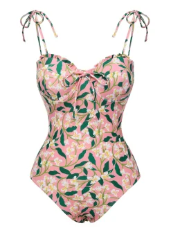 Online Retro Stage 1950s Spaghetti Strap Plants Print Swimsuit Pink