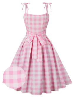 Hot Retro Stage 1950s Spaghetti Strap Plaid Swing Dress Pink