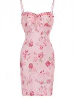 Outlet Retro Stage 1960s Spaghetti Strap Roses Nightgown Pink