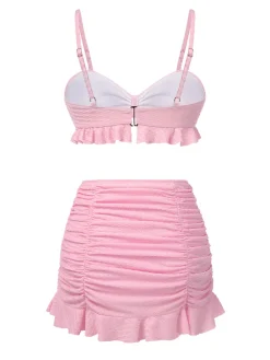 Sale Retro Stage 1950s Spaghetti Strap Ruffle Solid Swimsuit Pink