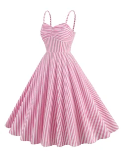 Outlet Retro Stage 1950s Spaghetti Strap Stripes Swing Dress Pink