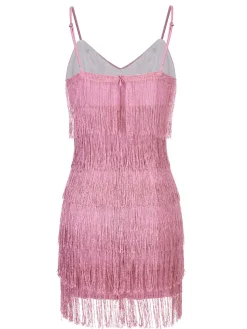 Fashion Retro Stage 1920s Spaghetti Strap V-Neck Fringe Dress Pink