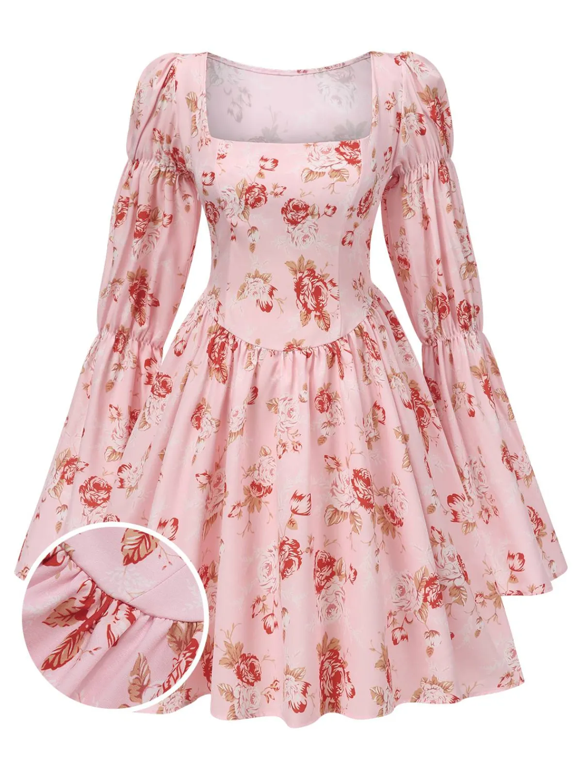 Fashion Retro Stage 1960s Square Neck Floral Skater Dress Pink