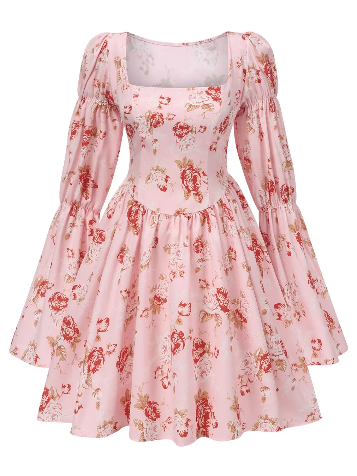 Fashion Retro Stage 1960s Square Neck Floral Skater Dress Pink